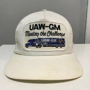 Vintage Union Made UAW-GM Meeting The Challenge Jumbo Patch Leather Strap Hat